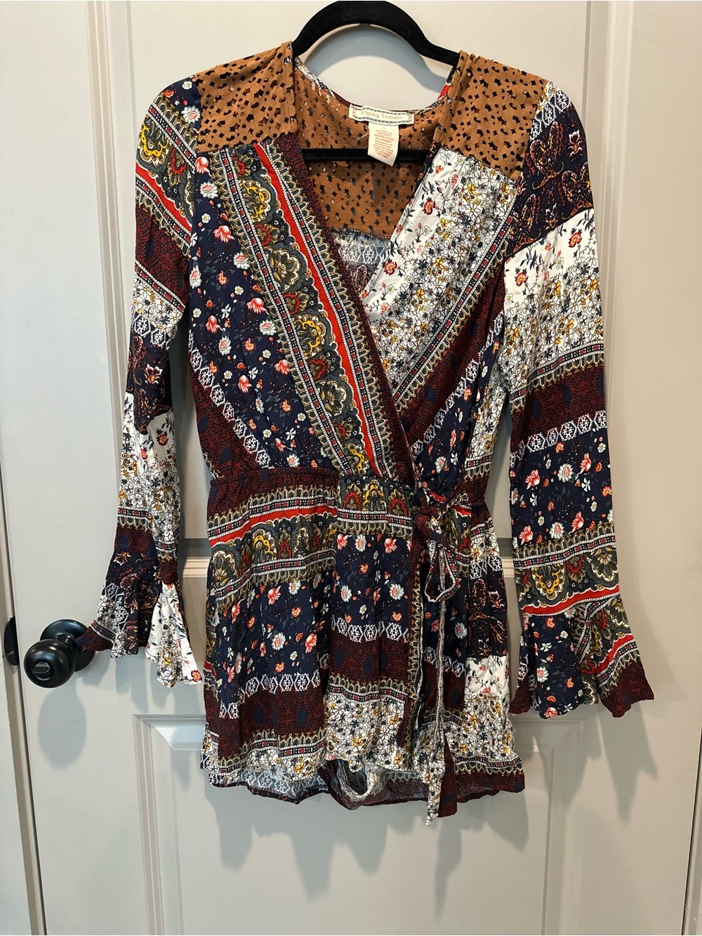 Flying Tomato Sz M Boho Patchwork Romper with bell sleeves